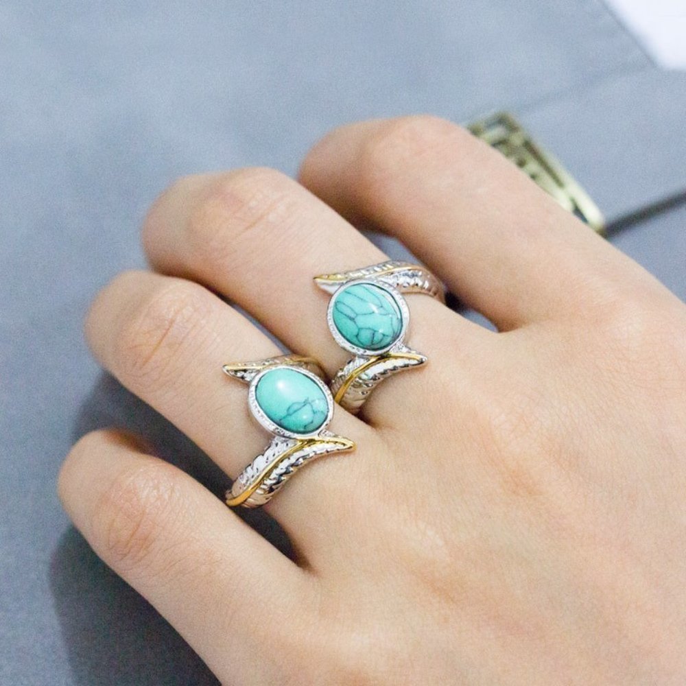 💝925 Silver Plated Green Turquoise Leather Shape Cut Ring, GPMB1514 - Picture 5 of 6